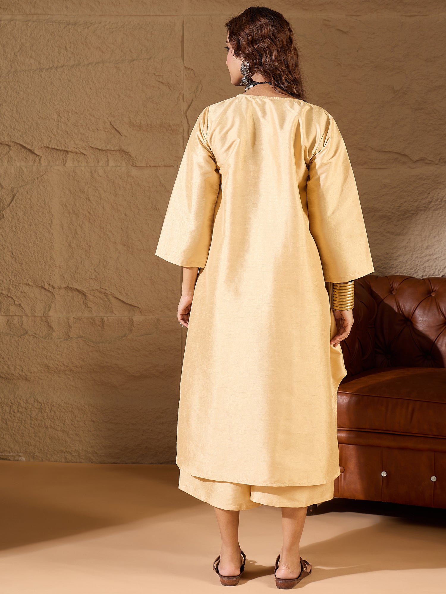 Beige Silk V Neck Flared Kurta Set