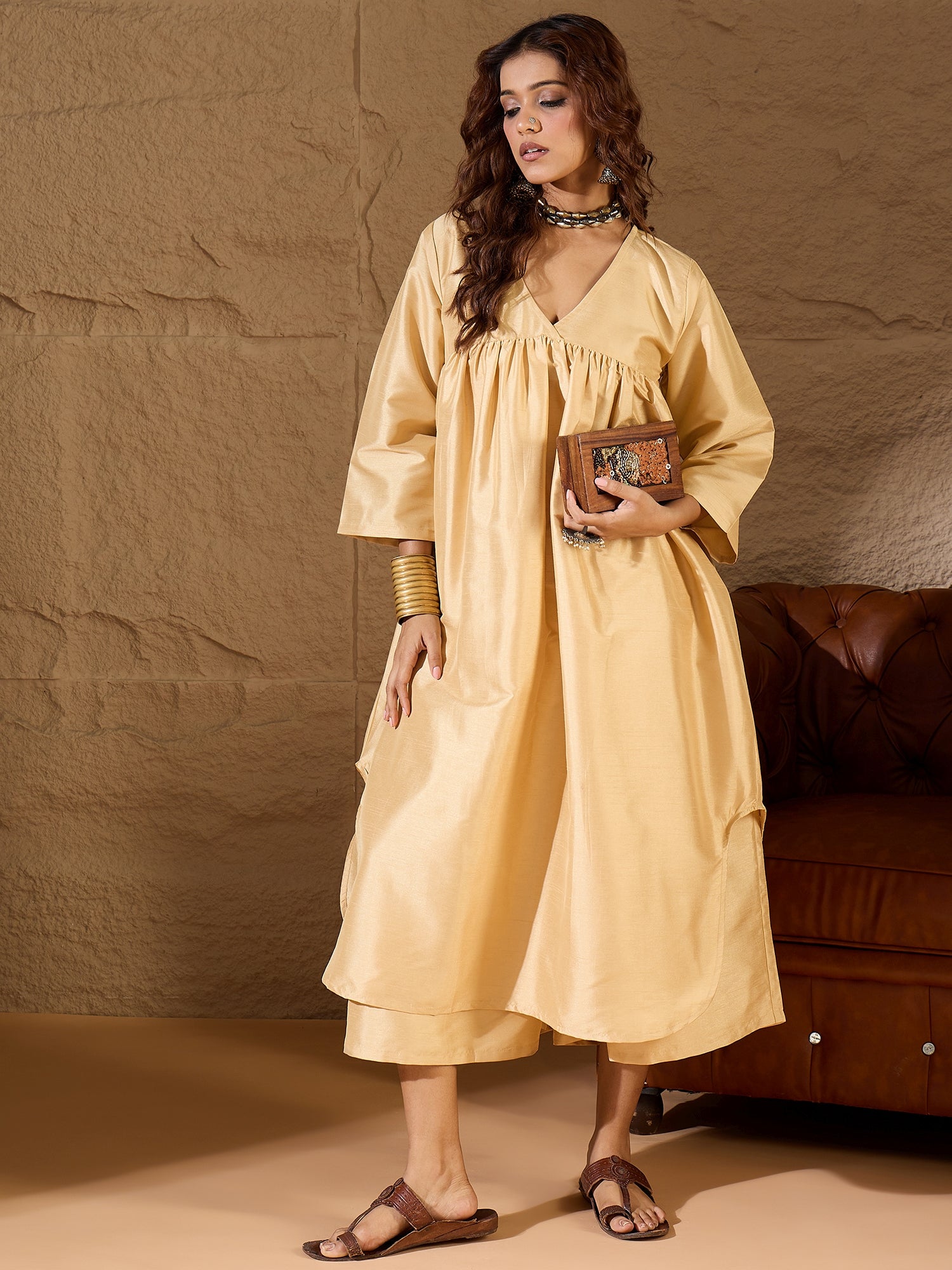 Beige Silk V Neck Flared Kurta Set