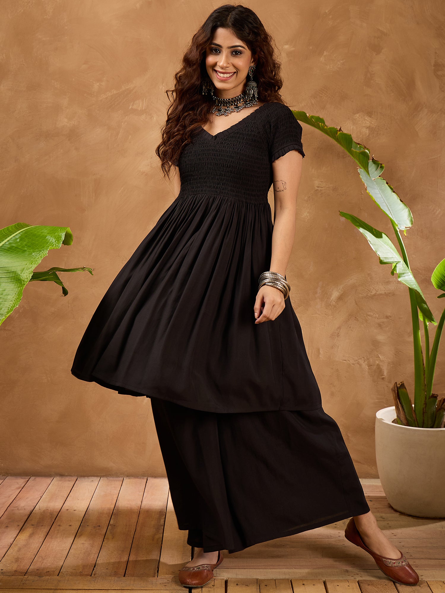 Black Silk V Neck Kurta Set