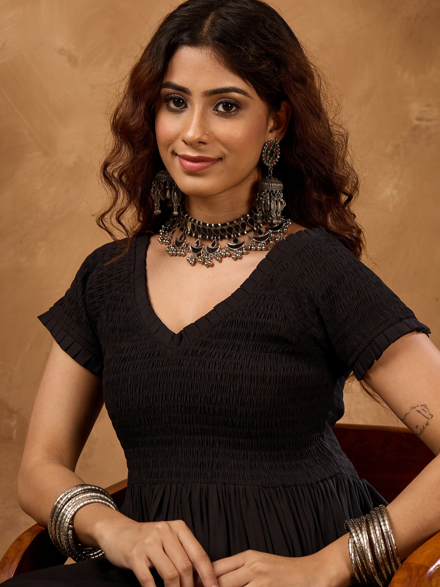 Black Silk V Neck Kurta Set