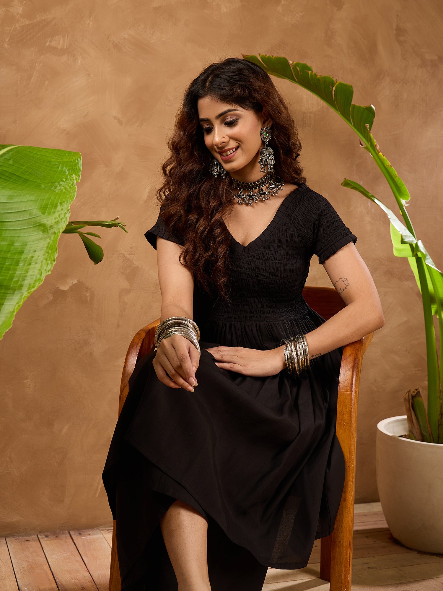 Black Silk V Neck Kurta Set
