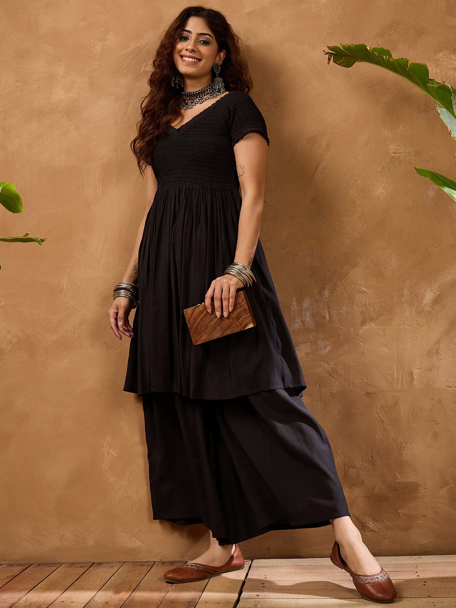 Black Silk V Neck Kurta Set