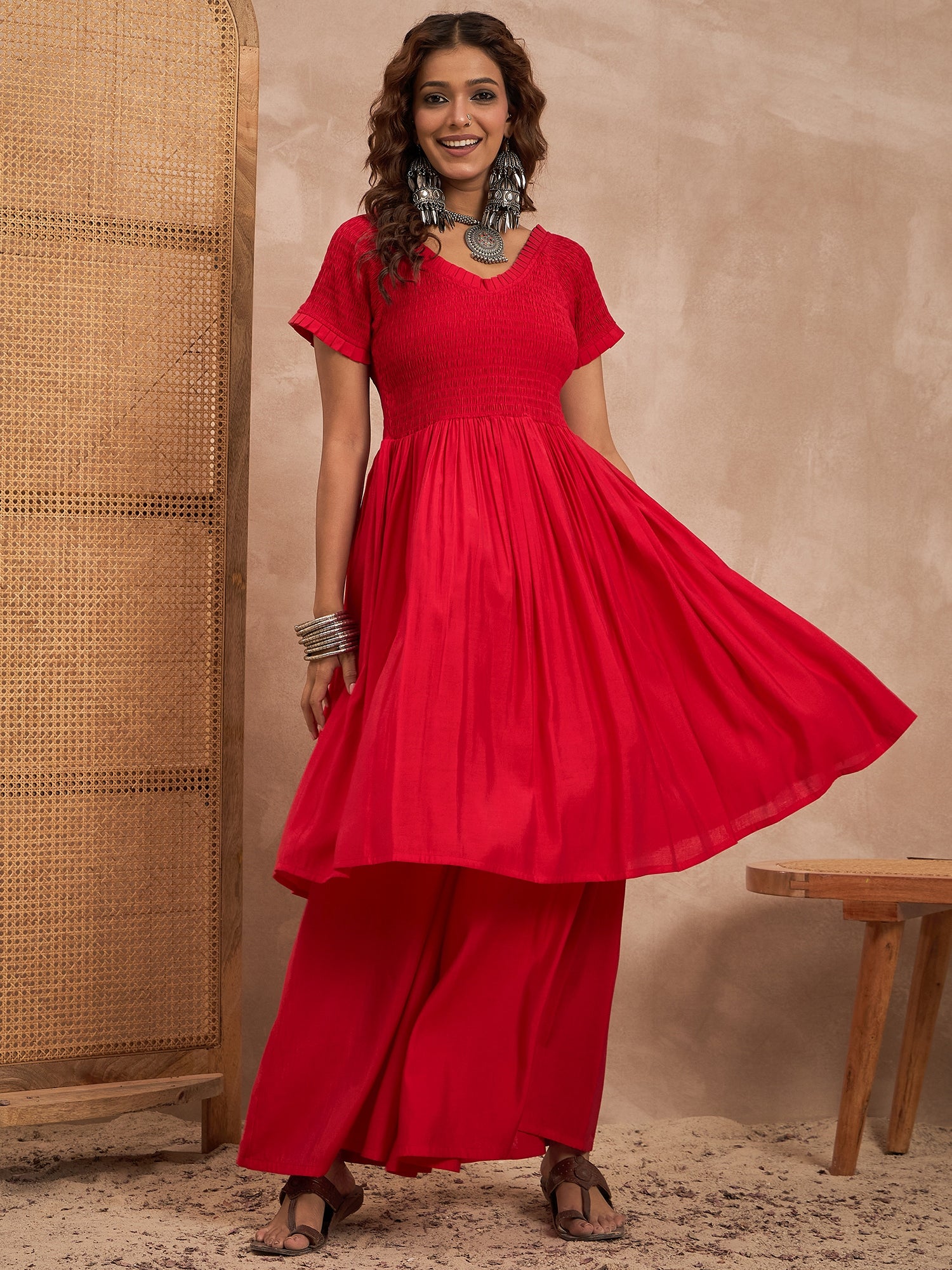 Red Silk V Neck Kurta Set