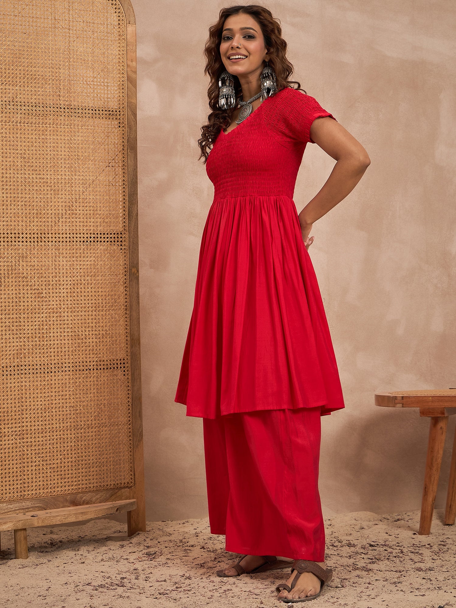 Red Silk V Neck Kurta Set