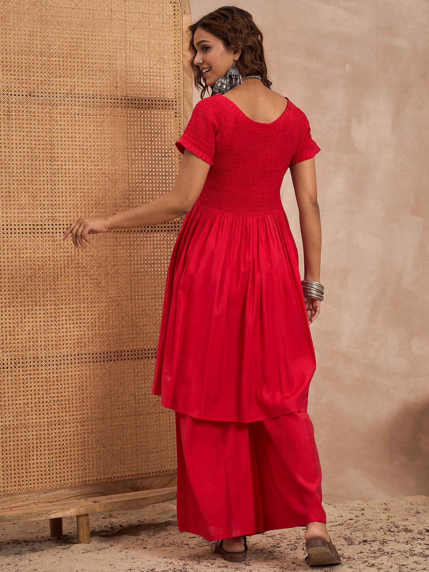 Red Silk V Neck Kurta Set