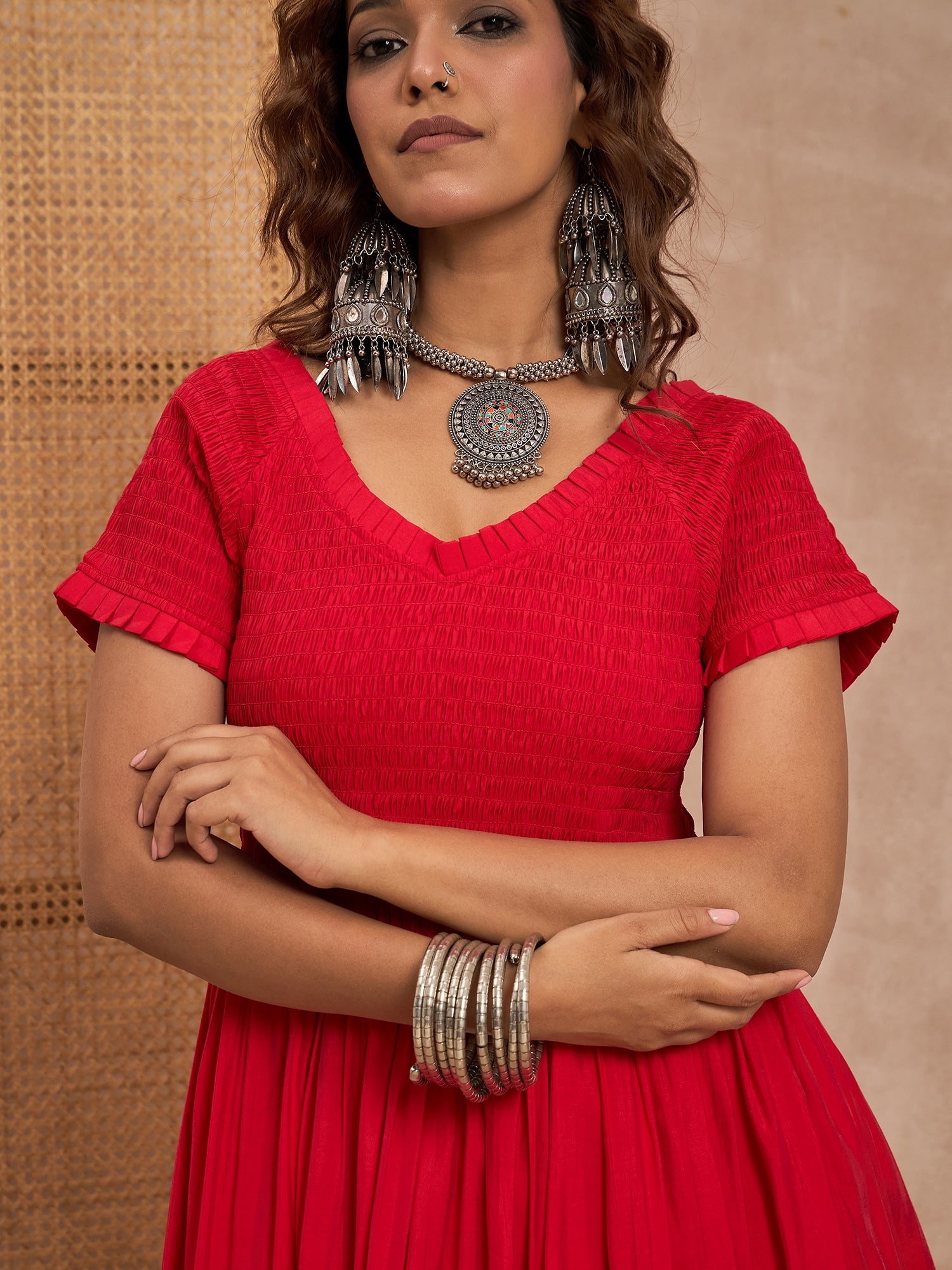Red Silk V Neck Kurta Set