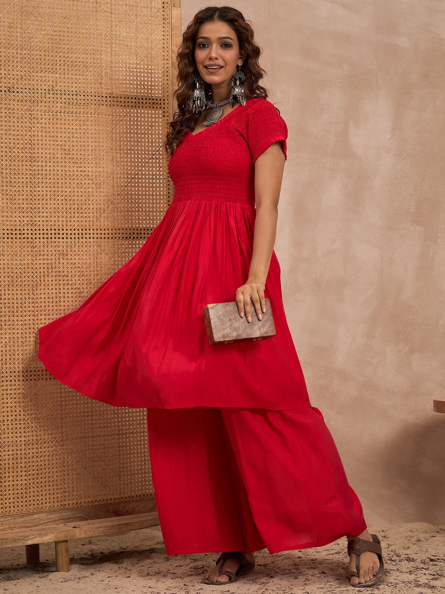 Red Silk V Neck Kurta Set