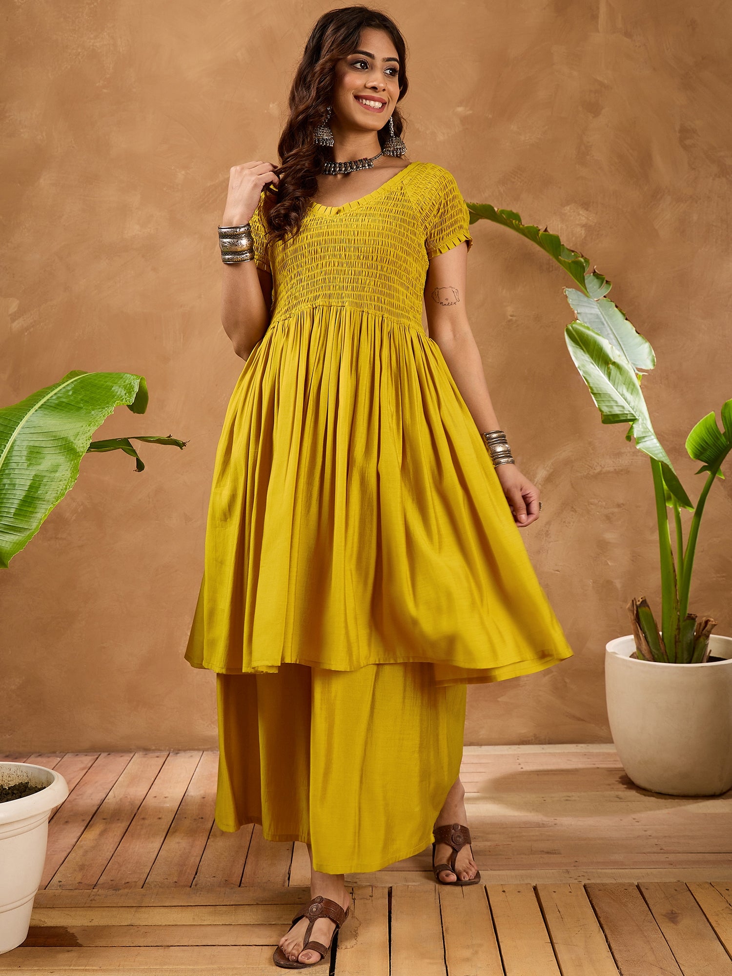 Yellow Silk V Neck Kurta Set