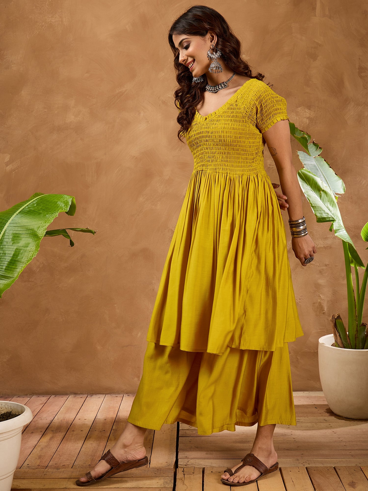 Yellow Silk V Neck Kurta Set