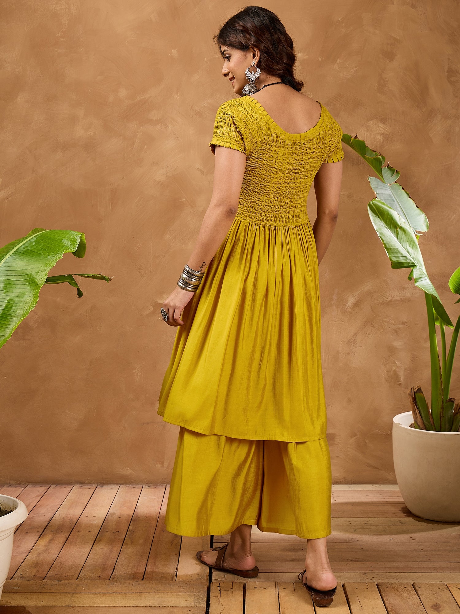 Yellow Silk V Neck Kurta Set