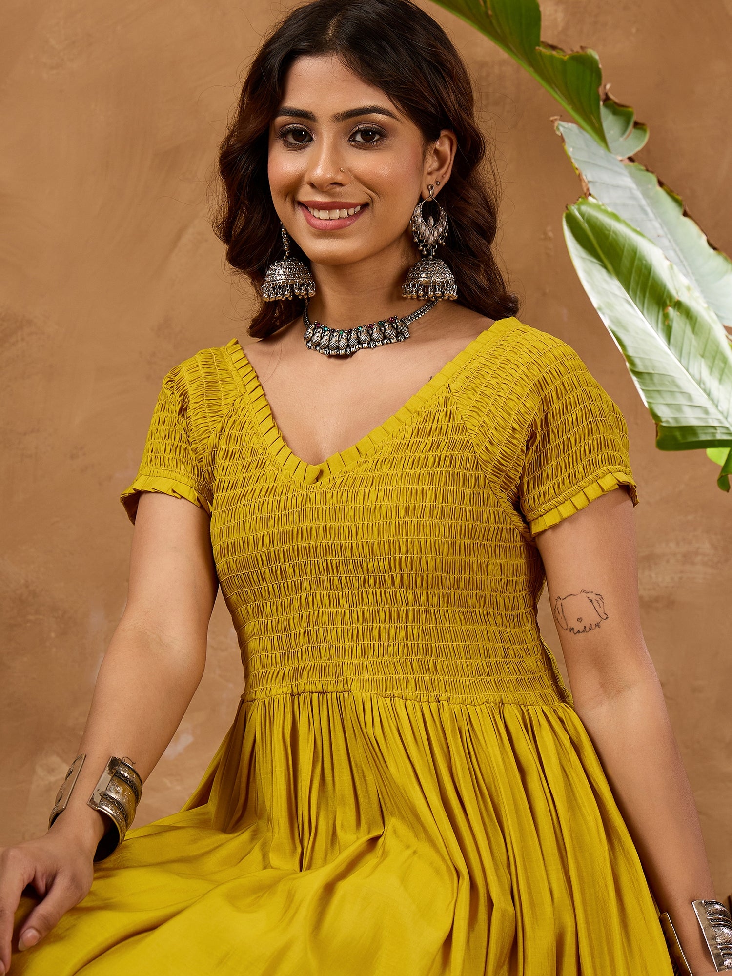 Yellow Silk V Neck Kurta Set