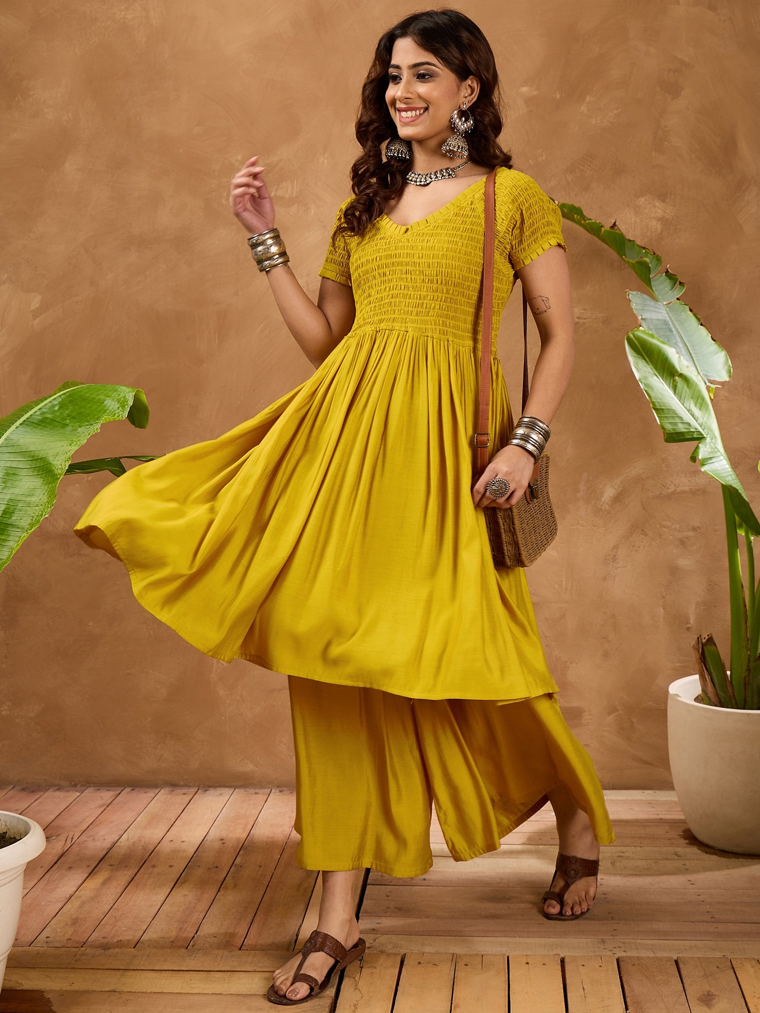 Yellow Silk V Neck Kurta Set