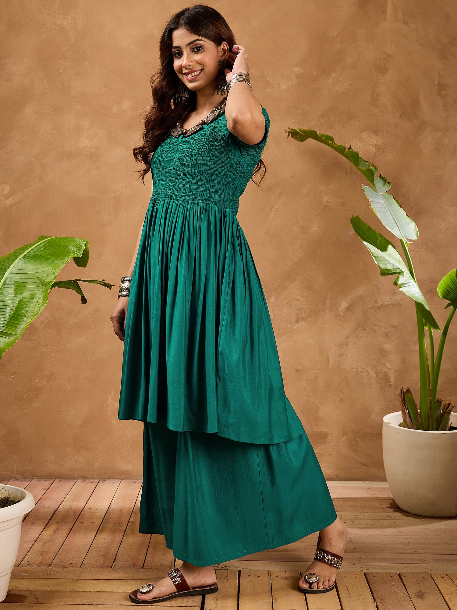 Teal Silk V Neck Kurta Set