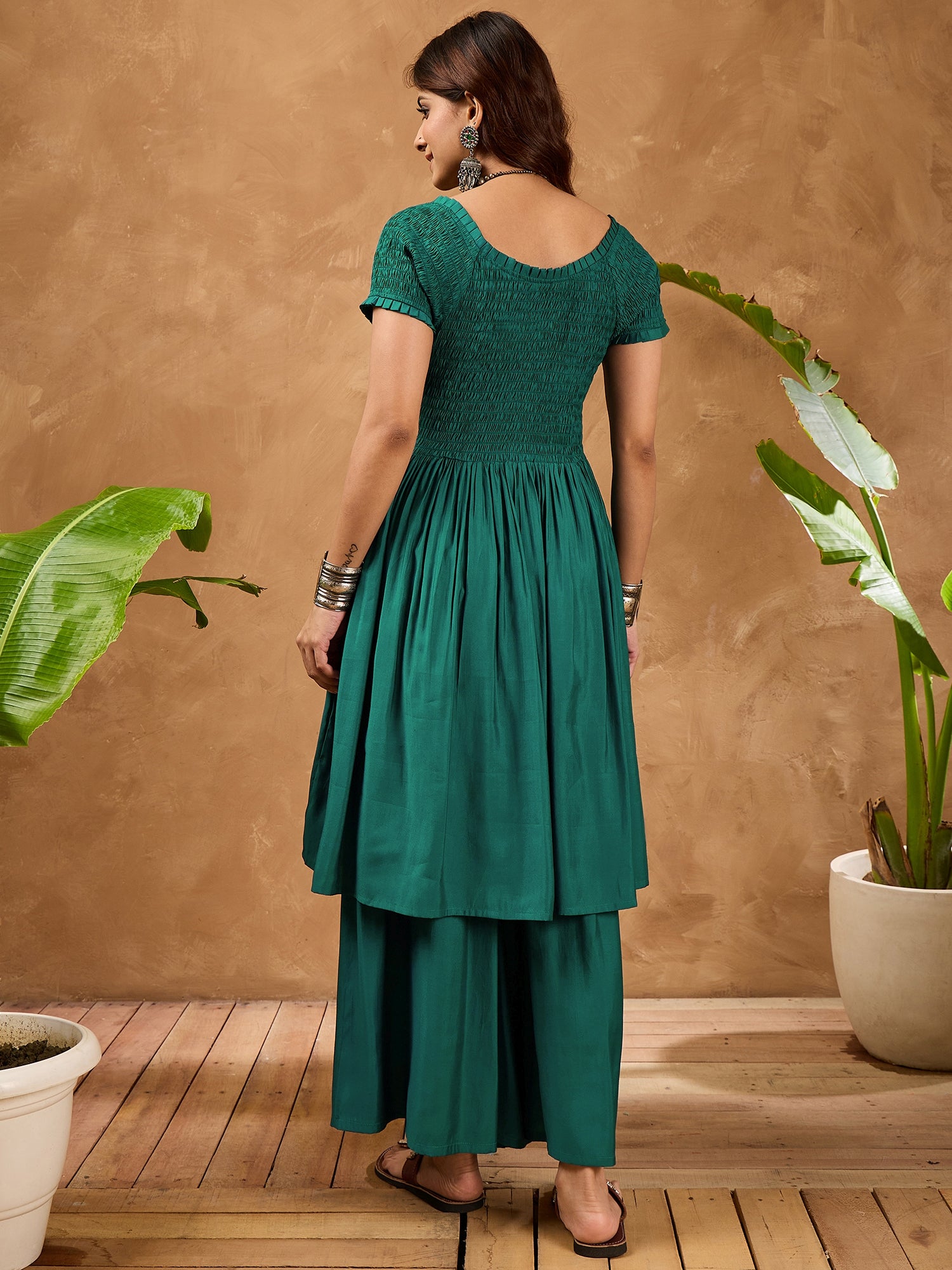 Teal Silk V Neck Kurta Set