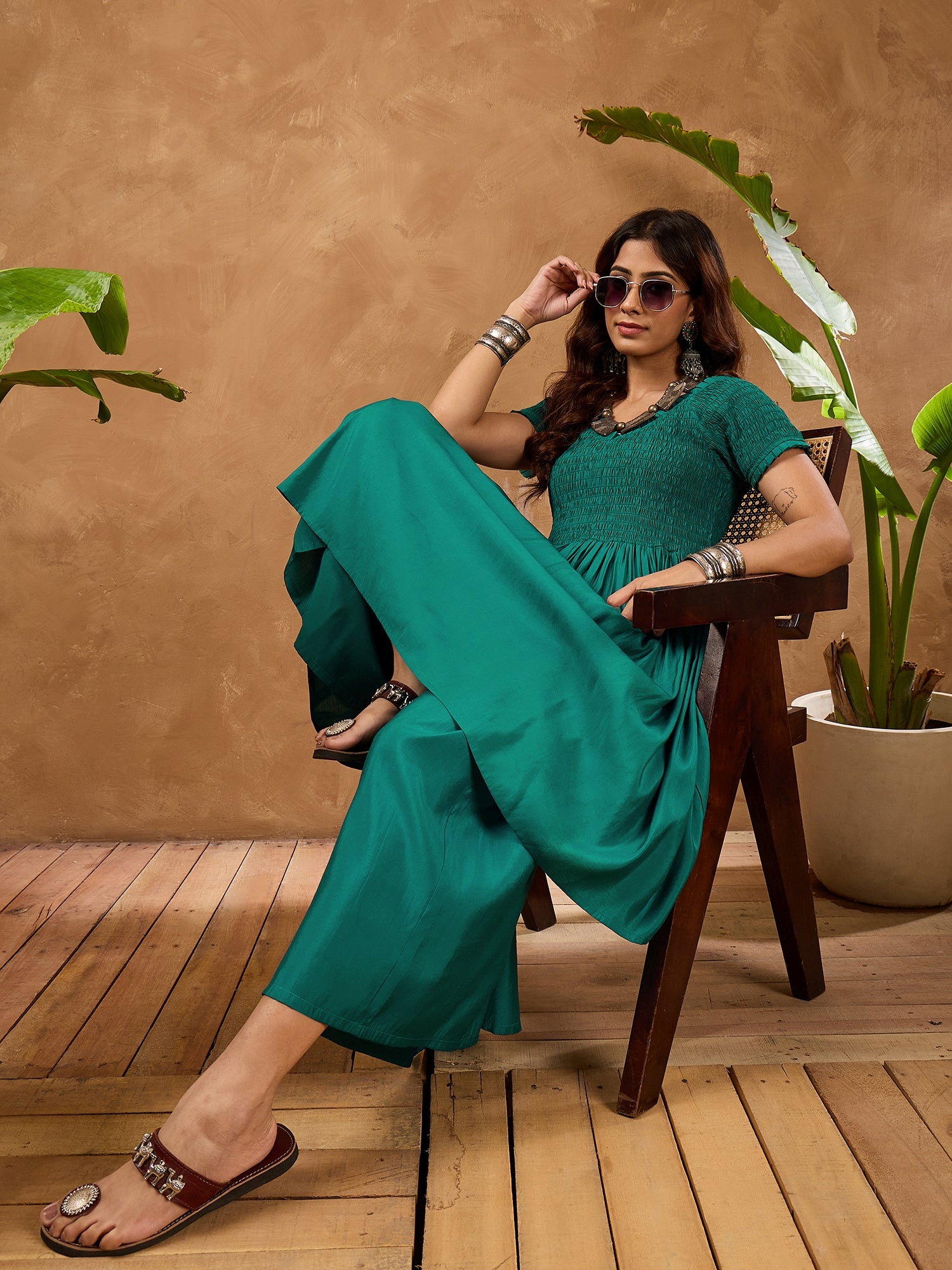 Teal Silk V Neck Kurta Set