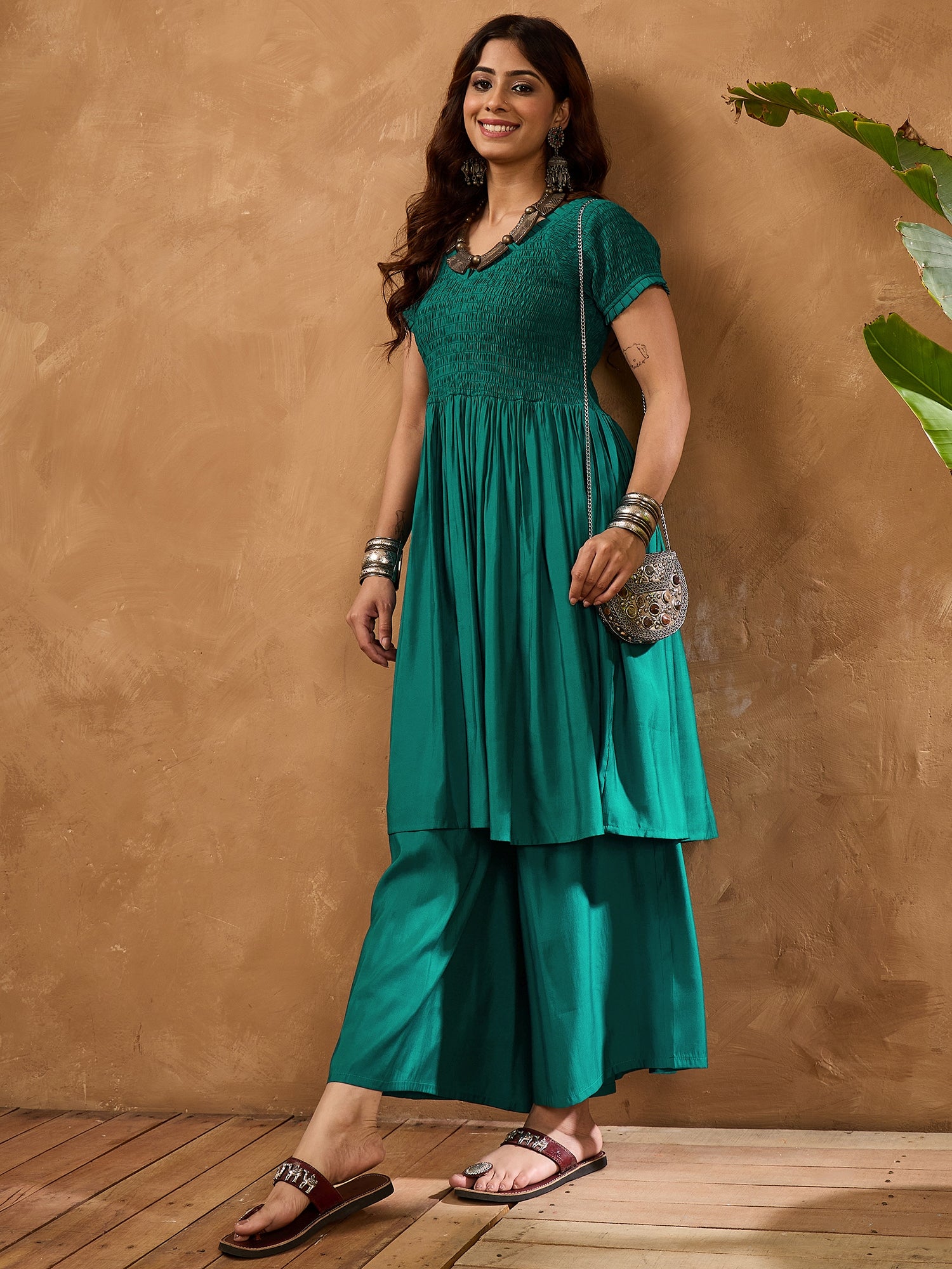 Teal Silk V Neck Kurta Set