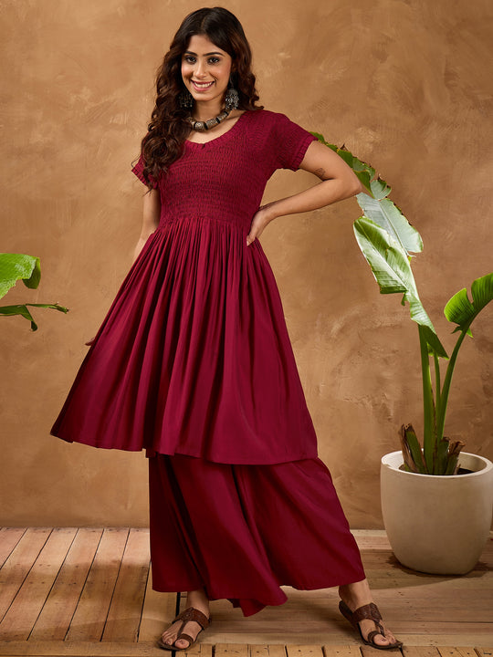 Barn Red Silk V Neck Kurta Set