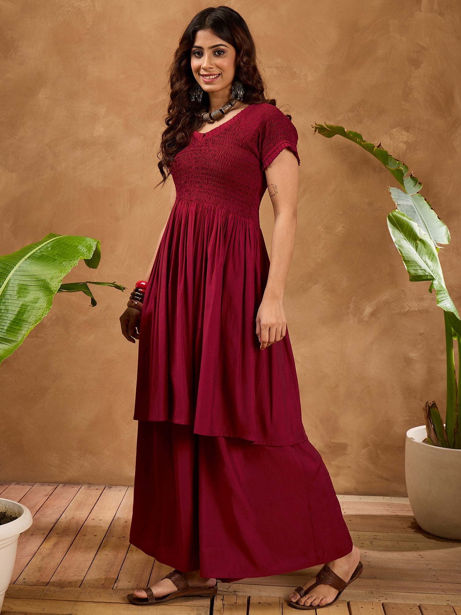 Barn Red Silk V Neck Kurta Set