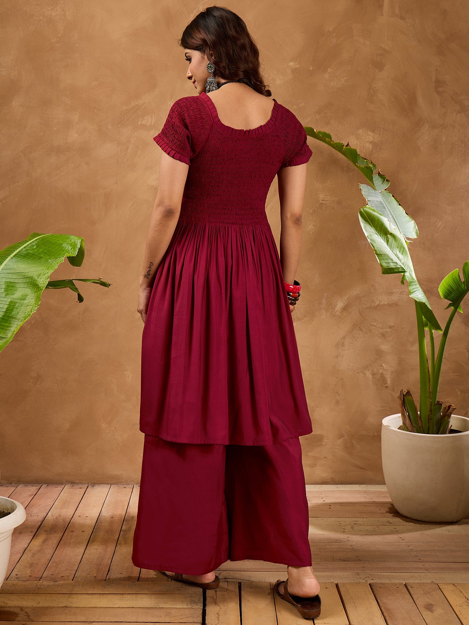 Barn Red Silk V Neck Kurta Set