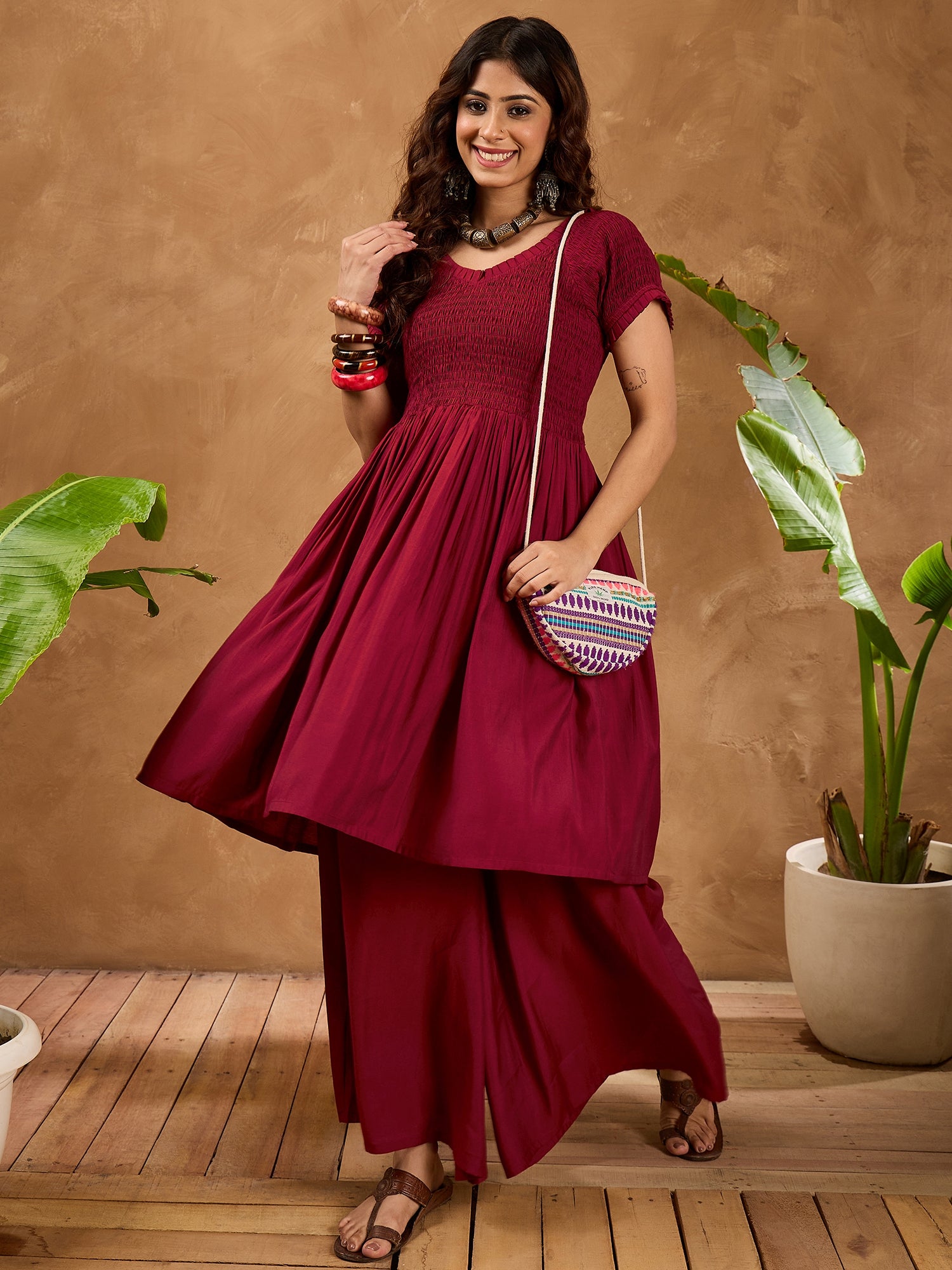 Barn Red Silk V Neck Kurta Set