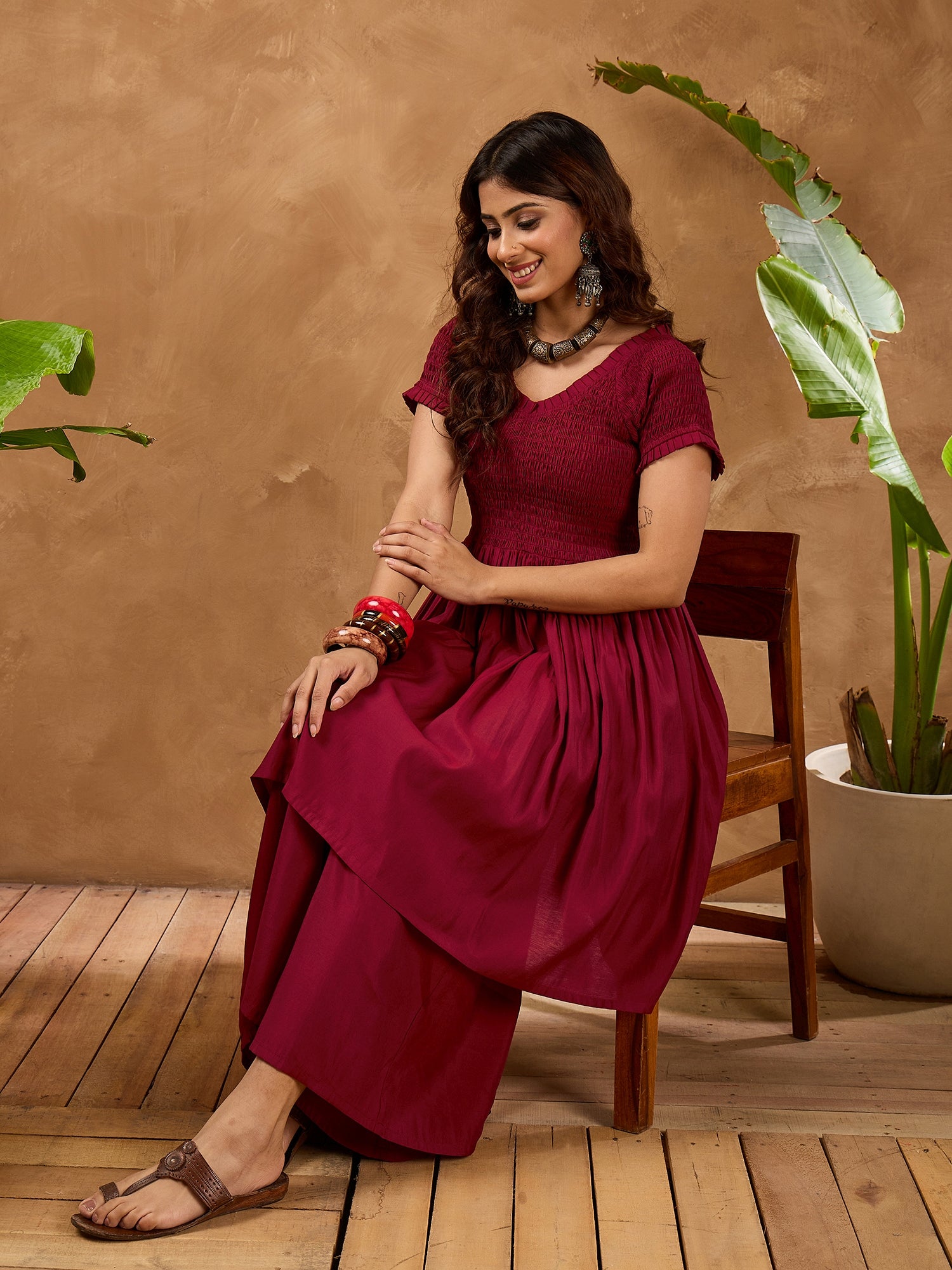 Barn Red Silk V Neck Kurta Set
