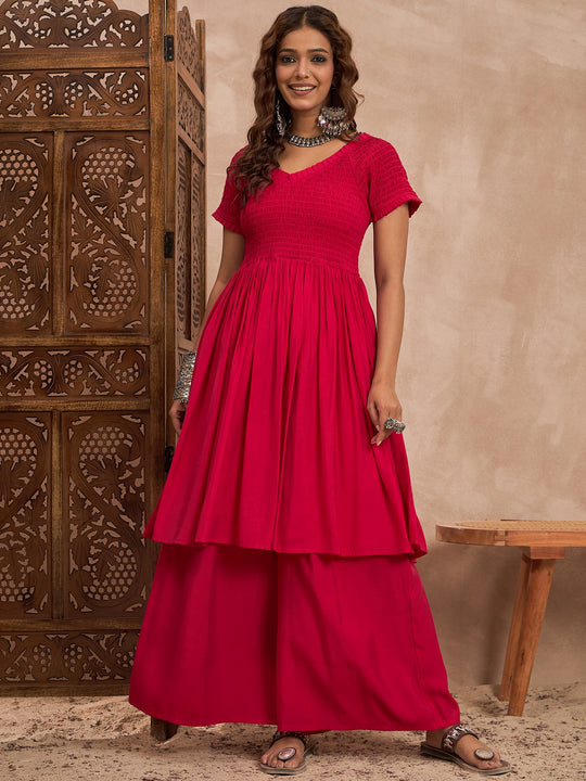 Rani Pink Silk V Neck Kurta Set