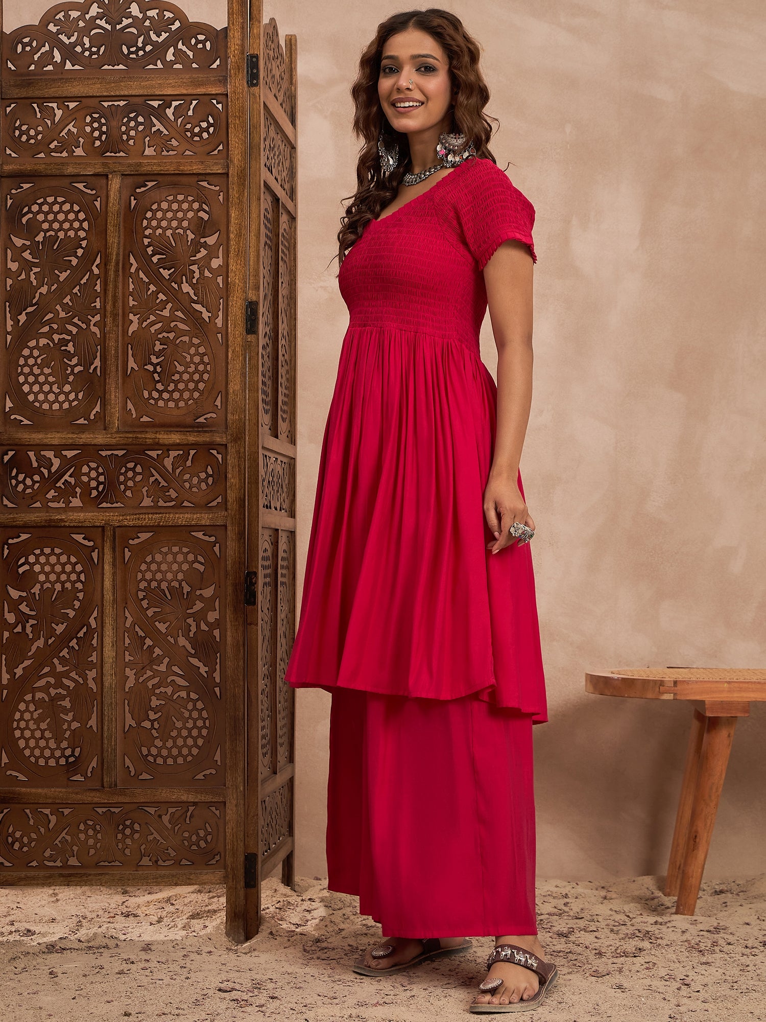 Rani Pink Silk V Neck Kurta Set