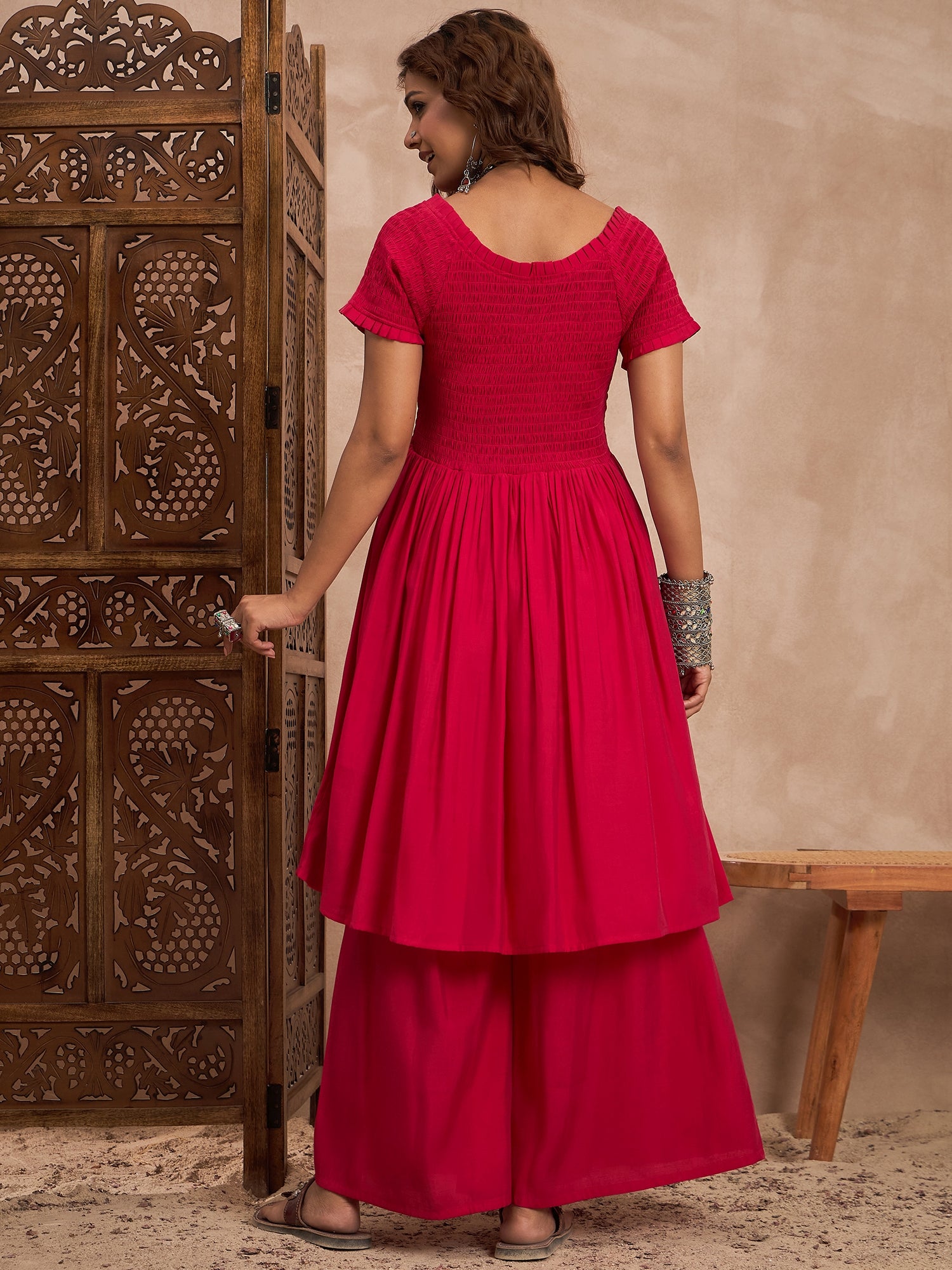 Rani Pink Silk V Neck Kurta Set