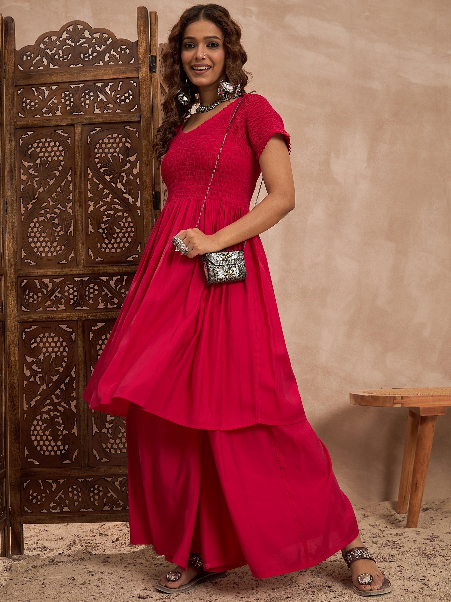 Rani Pink Silk V Neck Kurta Set