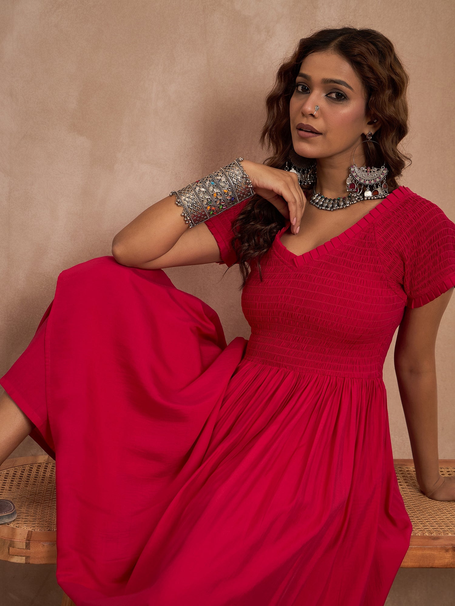 Rani Pink Silk V Neck Kurta Set