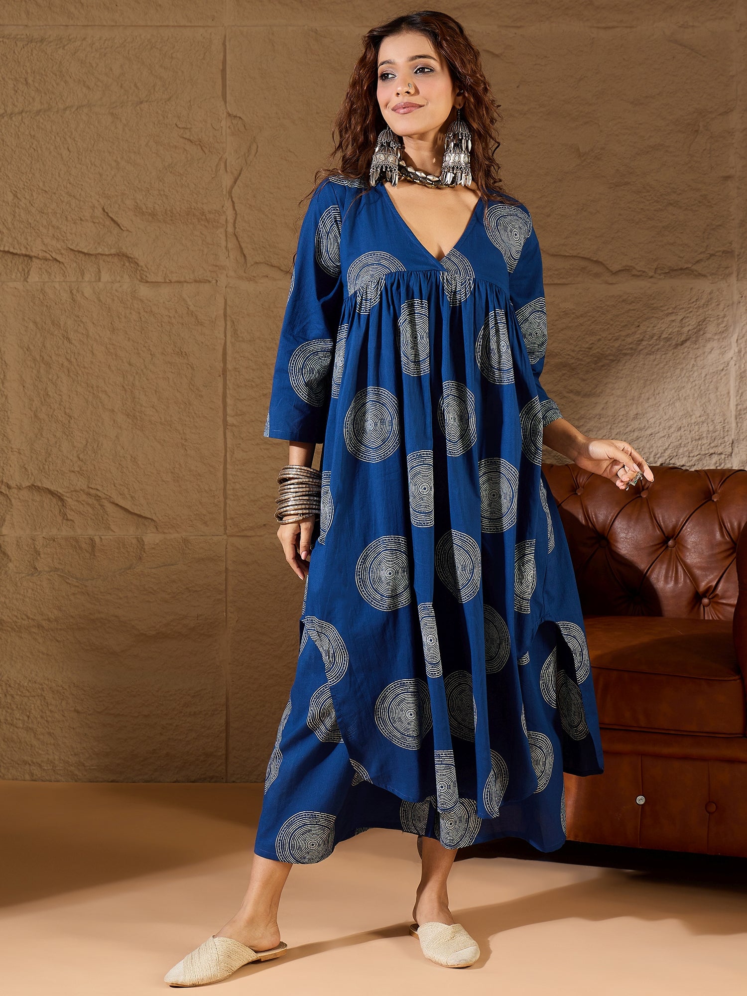 Blue Circle V Neck Flared Kurta Set