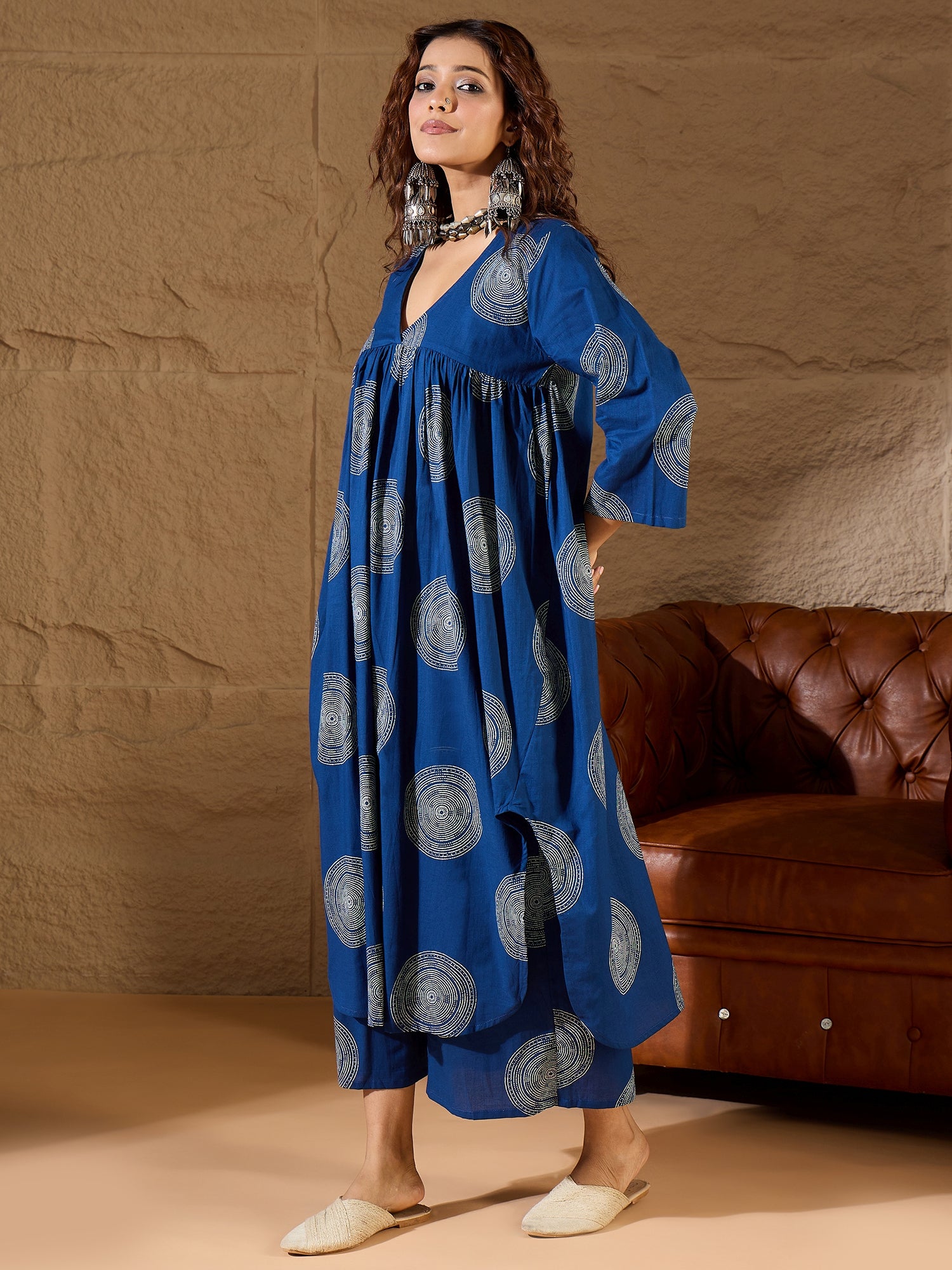 Blue Circle V Neck Flared Kurta Set