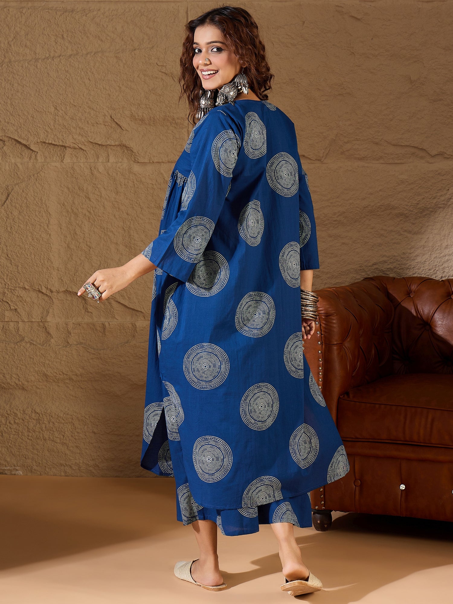 Blue Circle V Neck Flared Kurta Set
