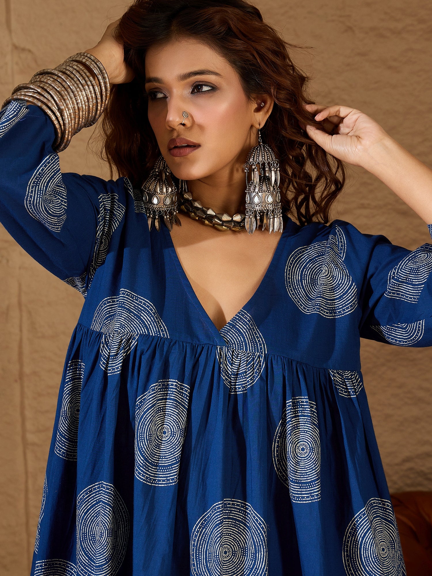Blue Circle V Neck Flared Kurta Set