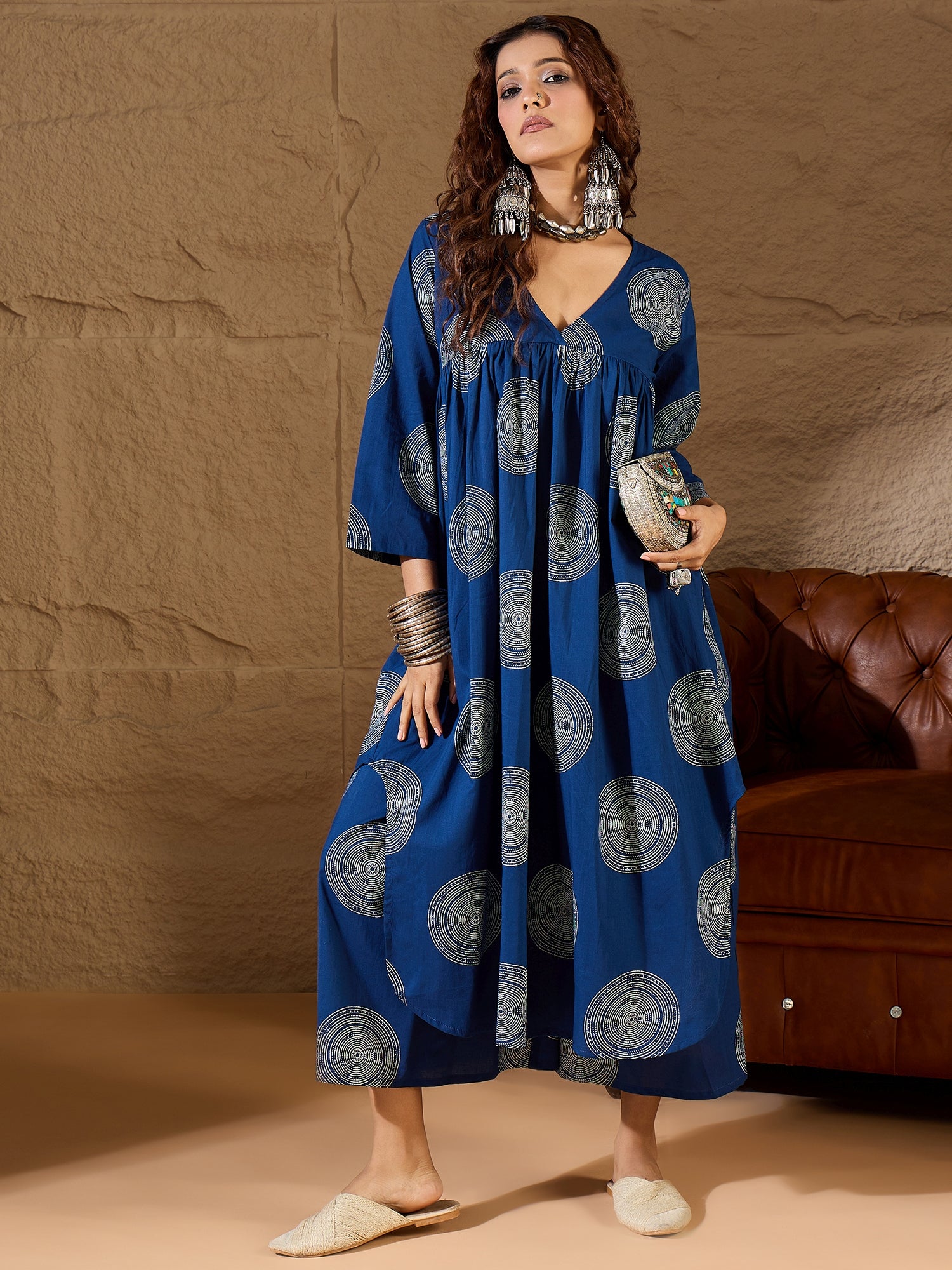 Blue Circle V Neck Flared Kurta Set