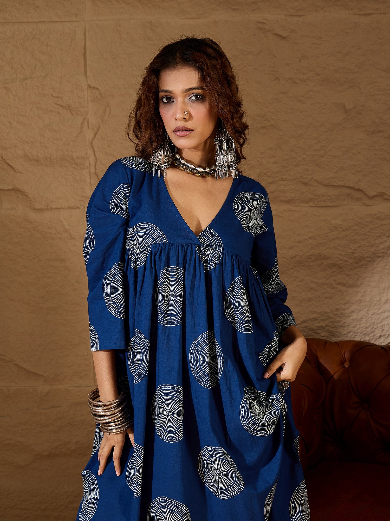 Blue Circle V Neck Flared Kurta Set