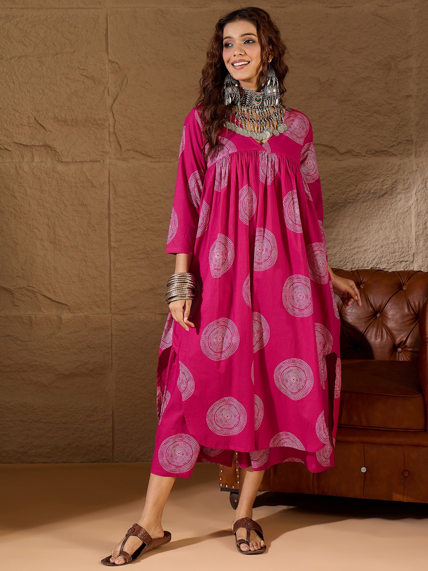 Fuchsia Circle V Neck Flared Kurta Set