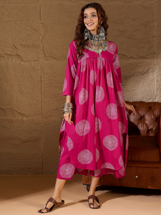 Fuchsia Circle V Neck Flared Kurta Set