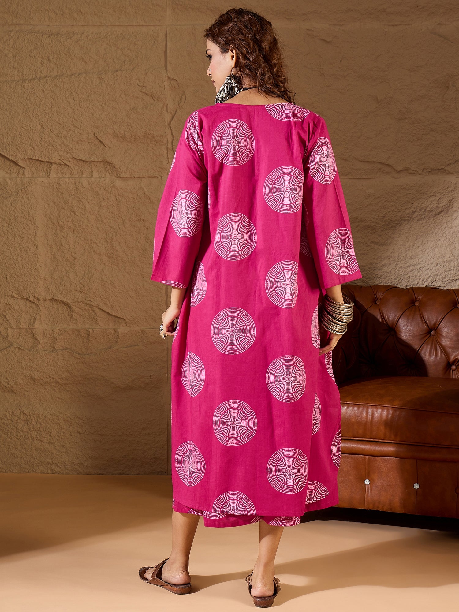 Fuchsia Circle V Neck Flared Kurta Set