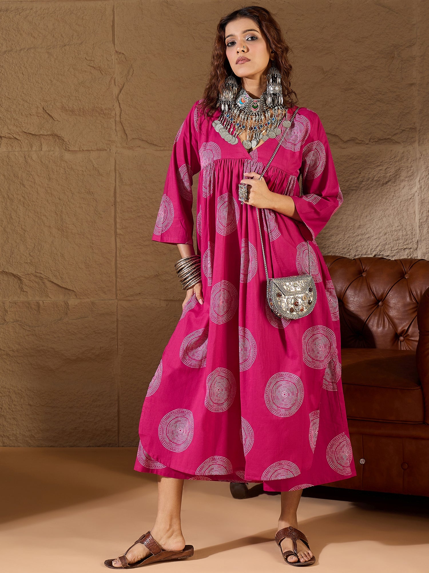 Fuchsia Circle V Neck Flared Kurta Set