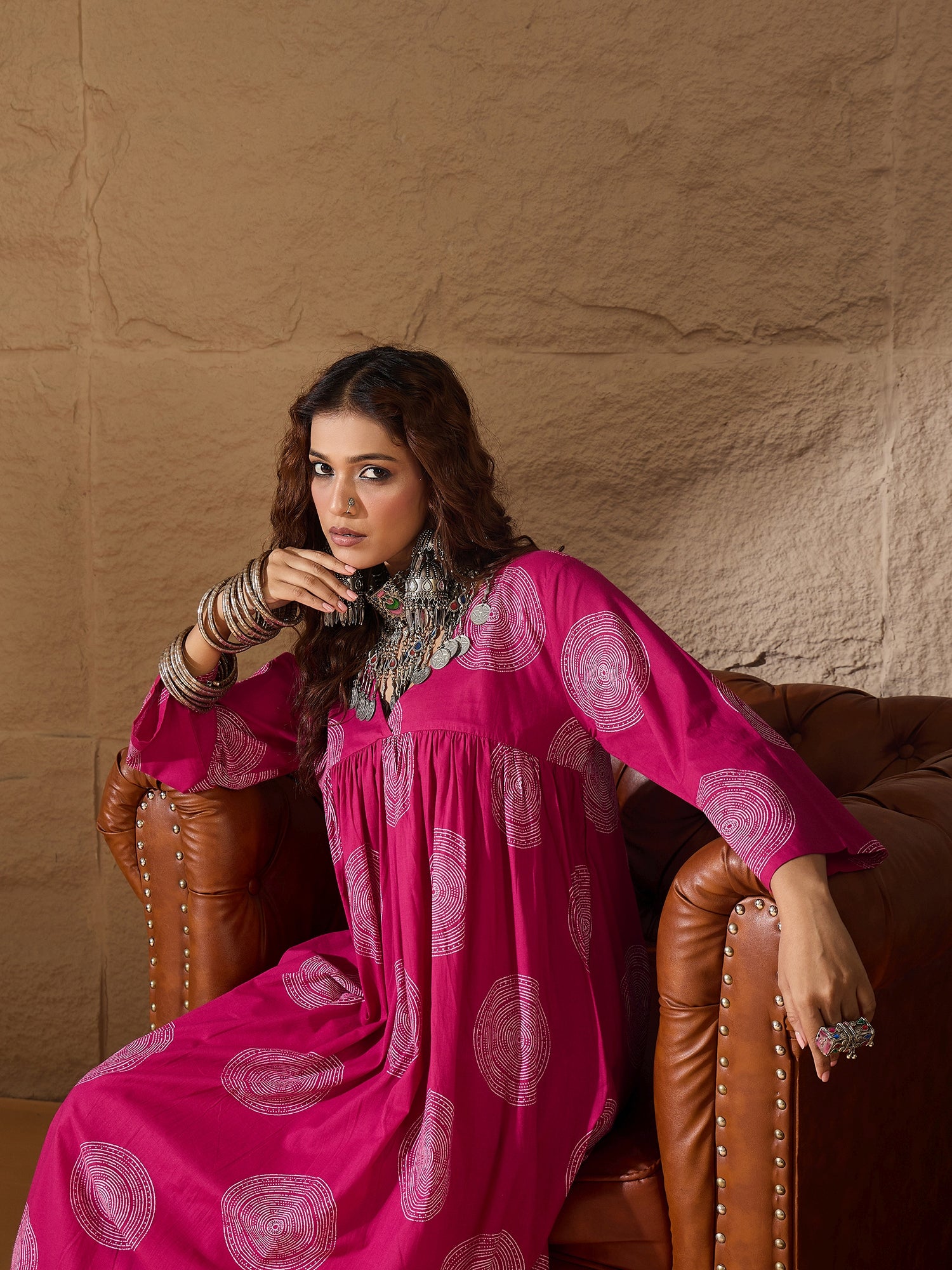 Fuchsia Circle V Neck Flared Kurta Set