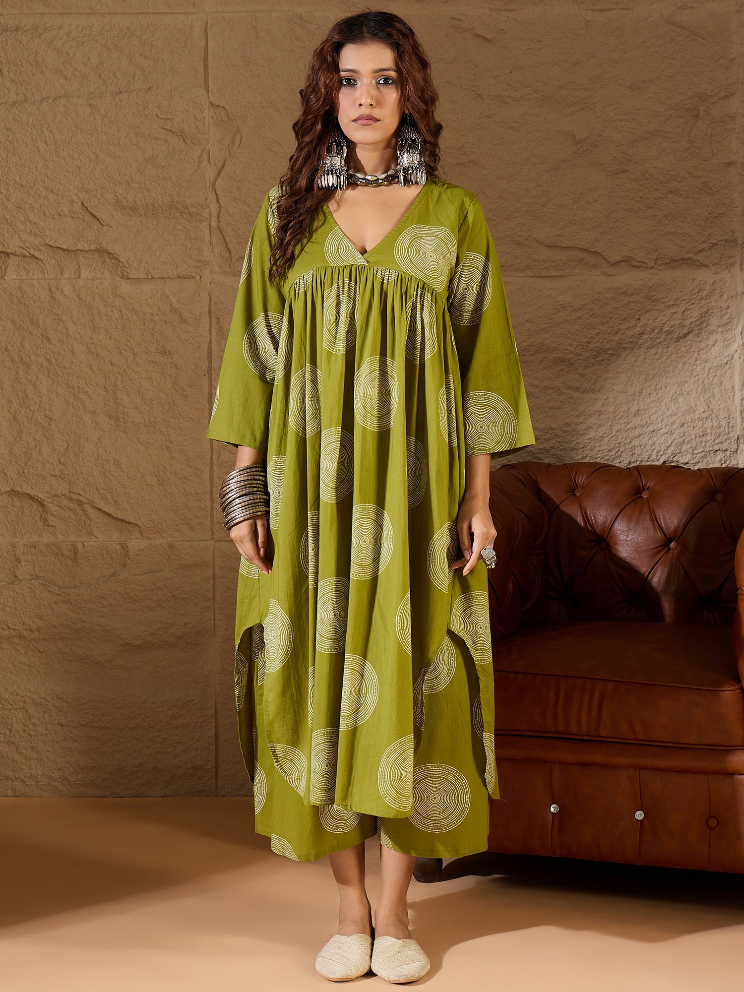 Olive Circle V Neck Flared Kurta Set