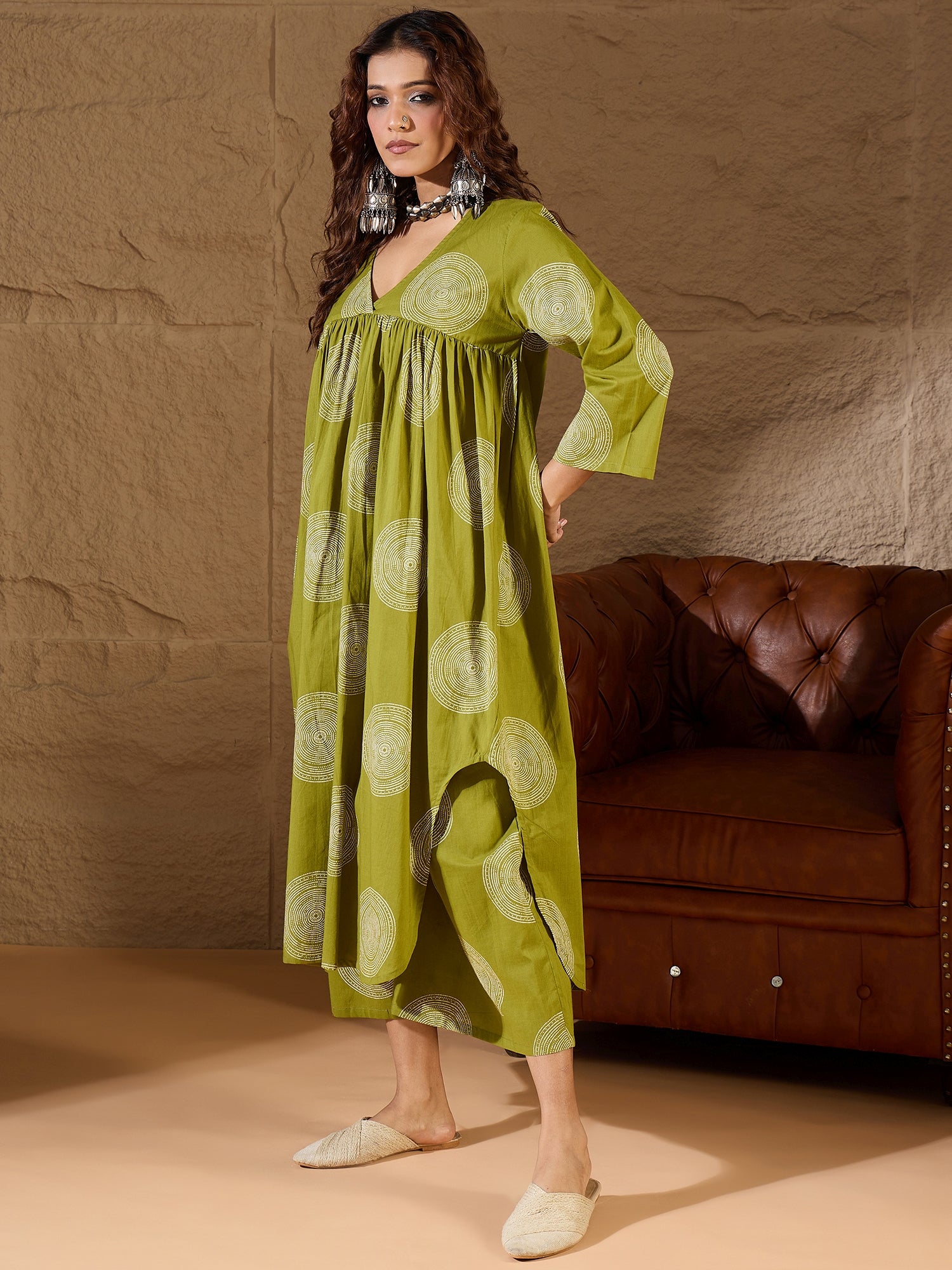 Olive Circle V Neck Flared Kurta Set