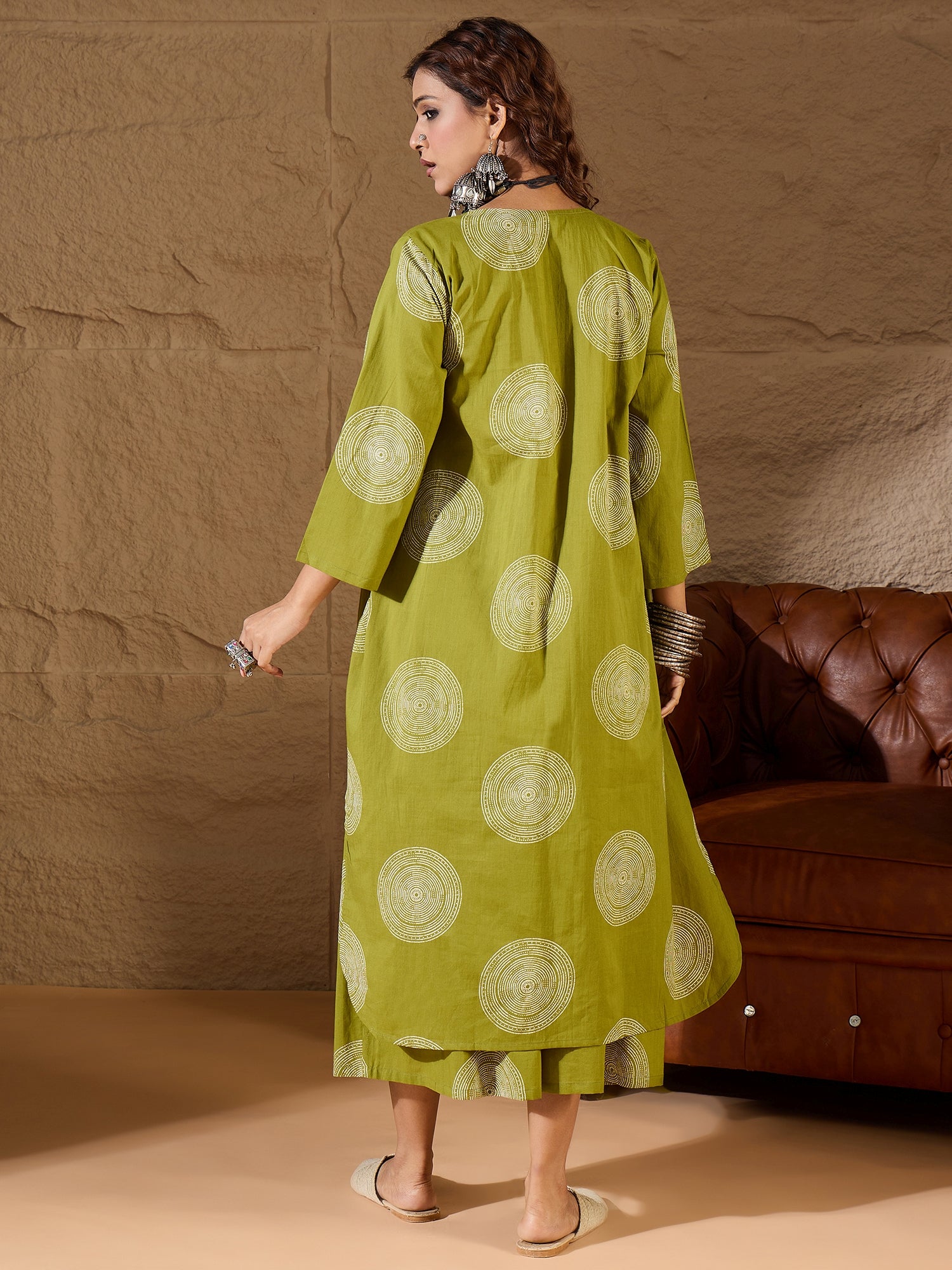 Olive Circle V Neck Flared Kurta Set