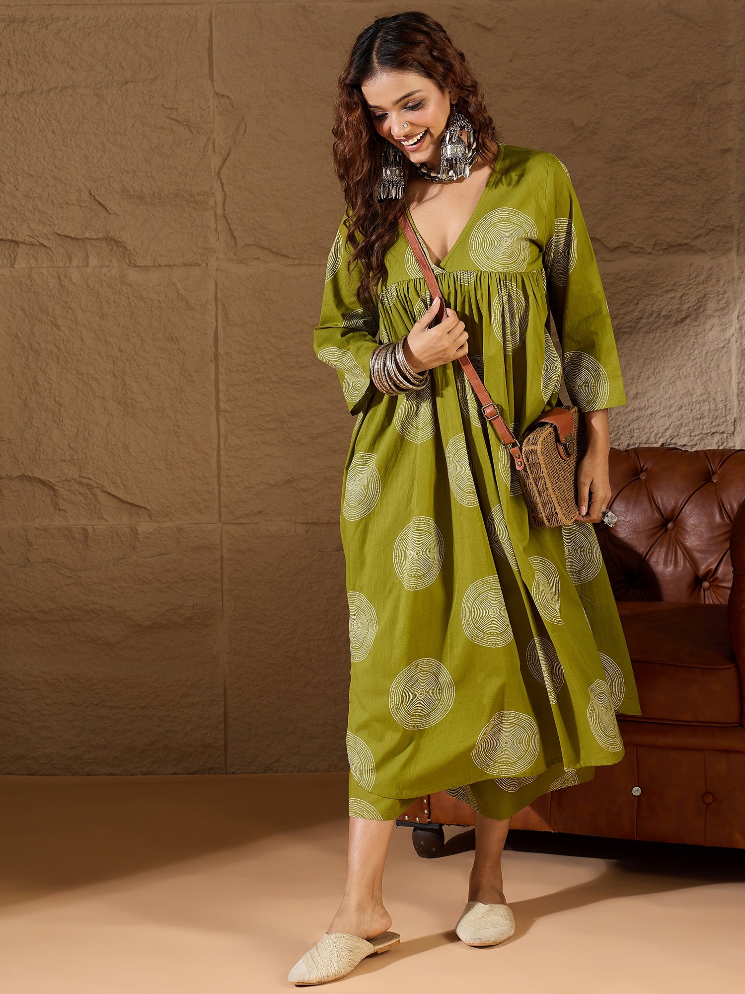 Olive Circle V Neck Flared Kurta Set
