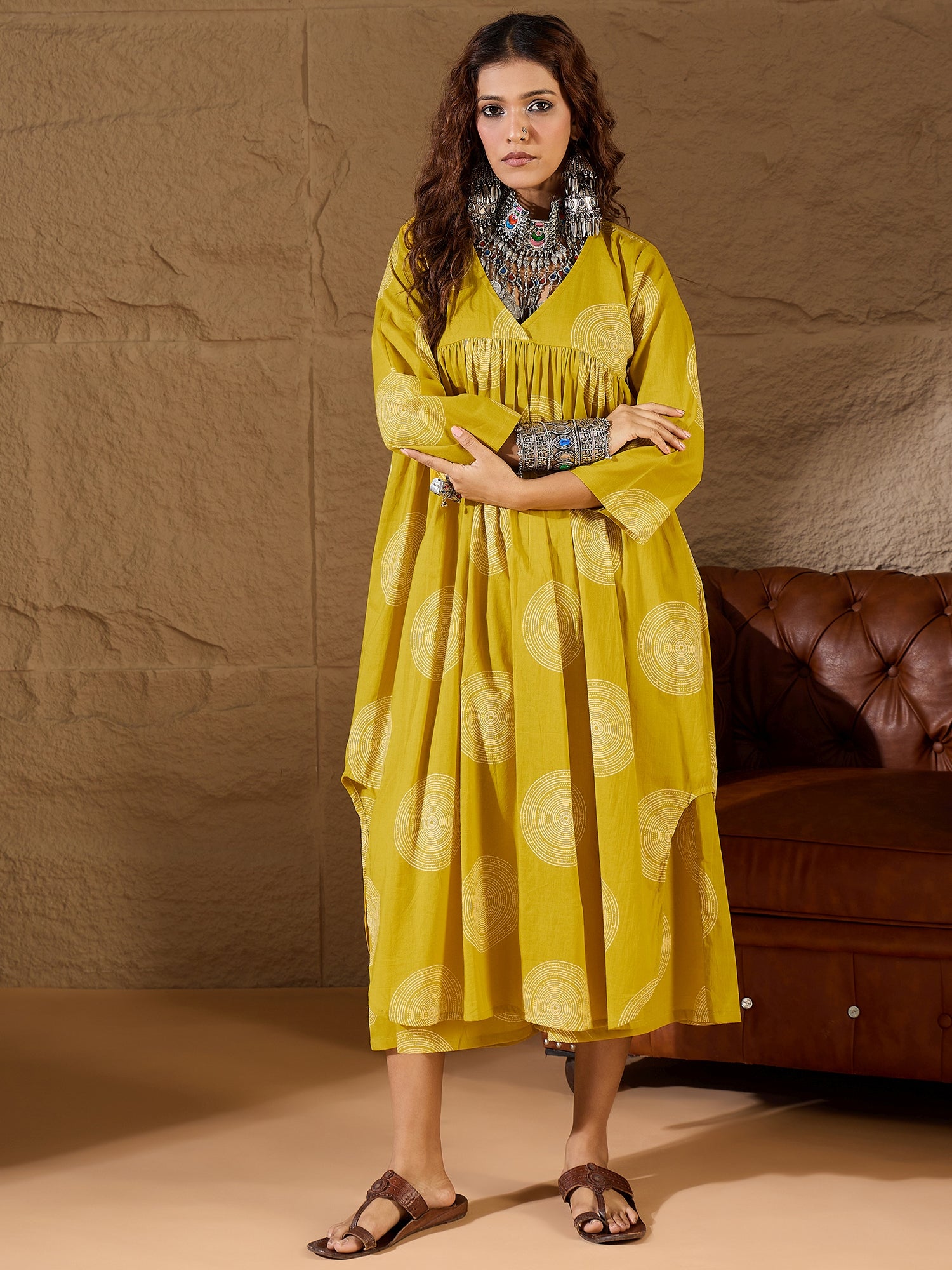 Yellow Circle Flared Kurta Set