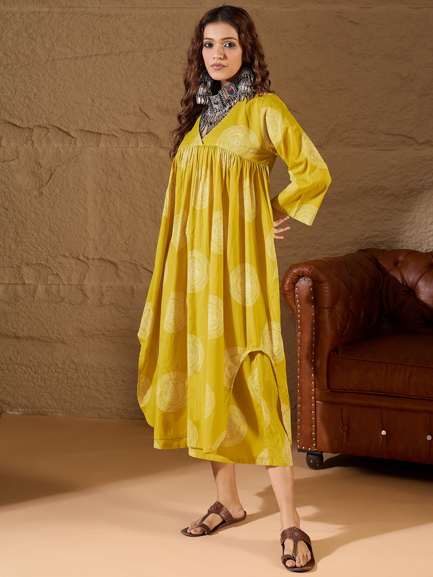 Yellow Circle Flared Kurta Set
