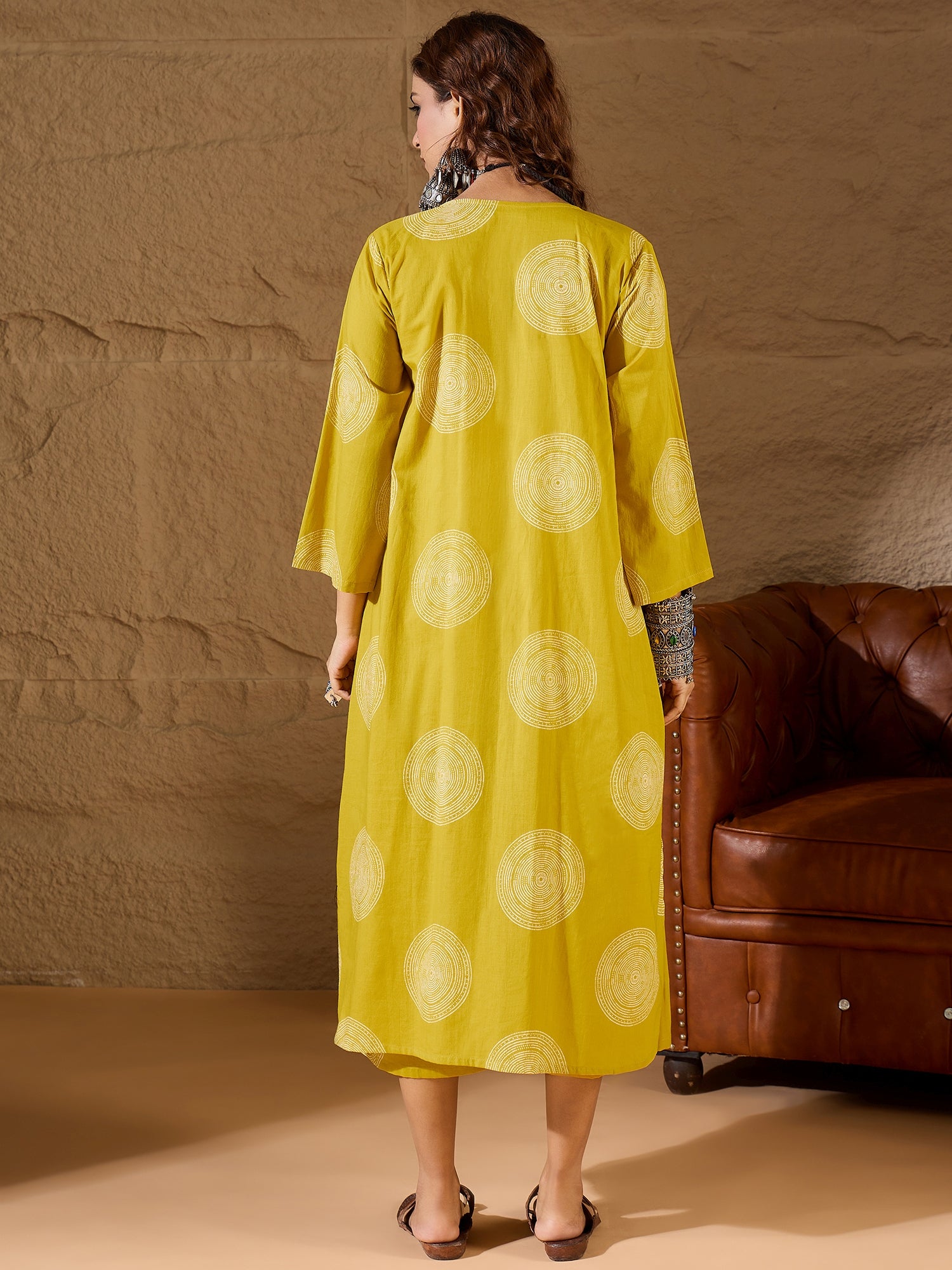Yellow Circle Flared Kurta Set