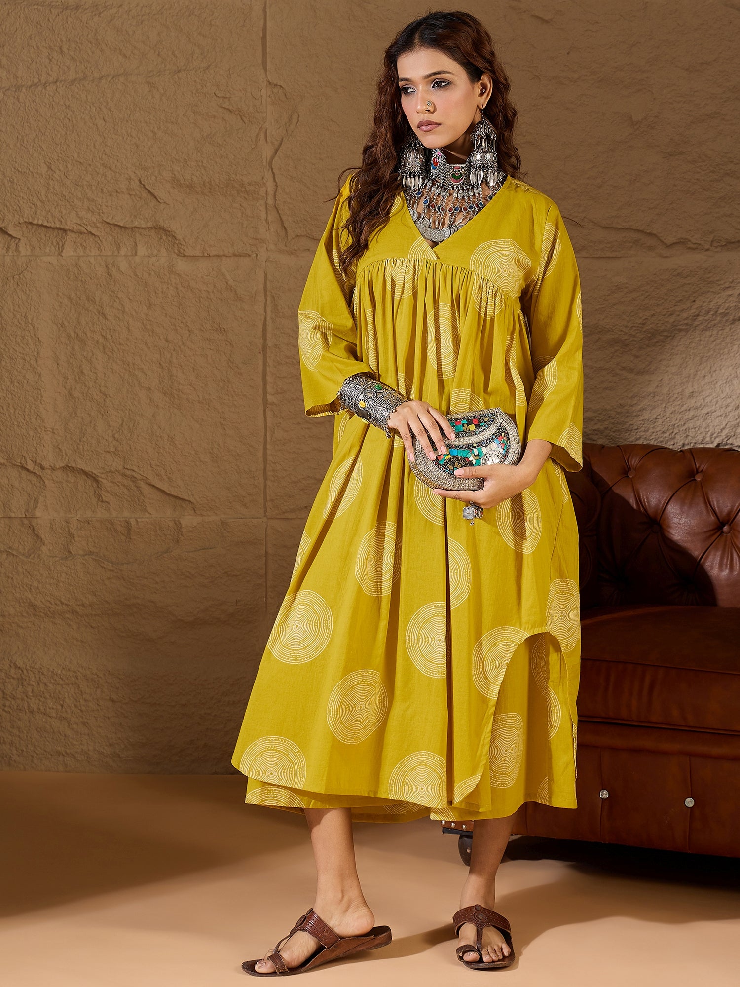 Yellow Circle Flared Kurta Set