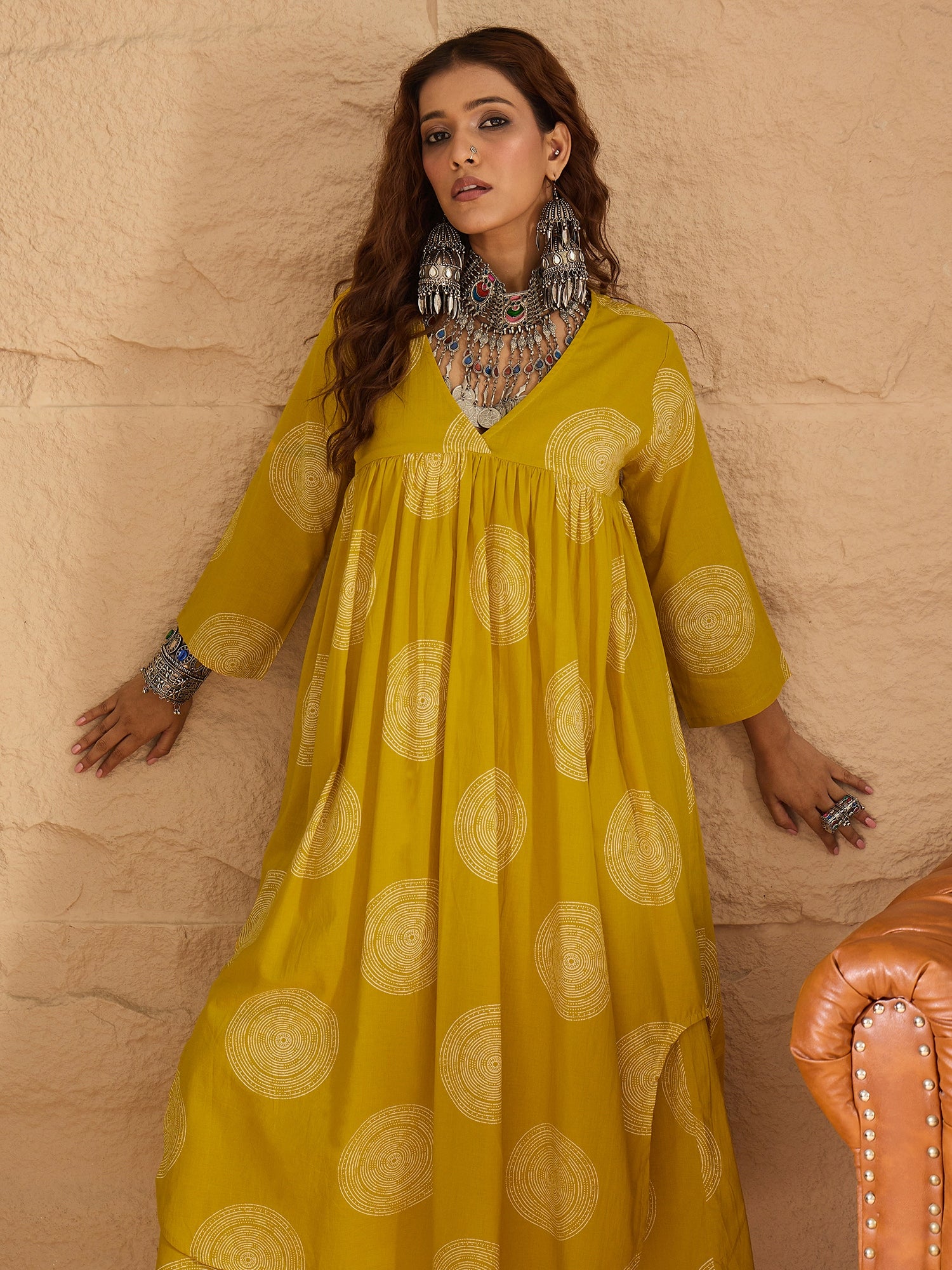Yellow Circle Flared Kurta Set